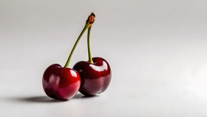 Close-up of one red cherry on a white background, fresh and ripe cherry