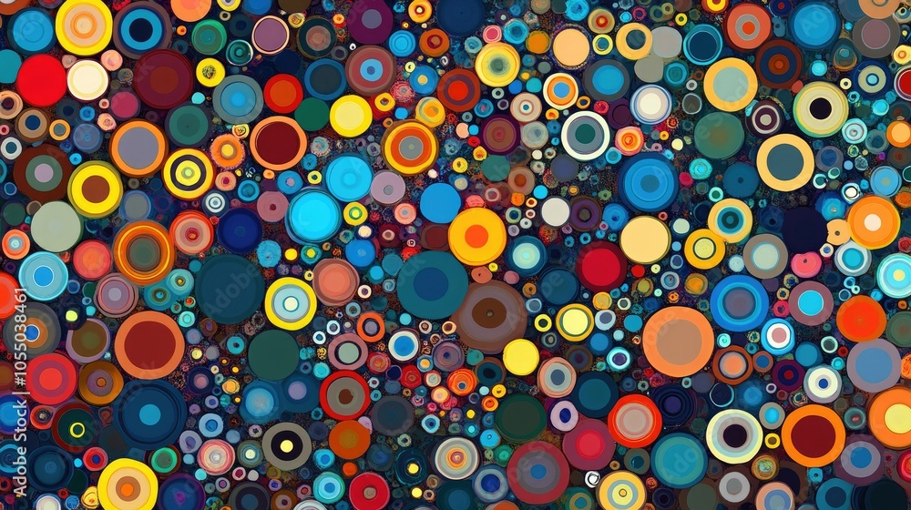 Poster abstract arrangement of colorful circles in various sizes and hues; creative background for design p