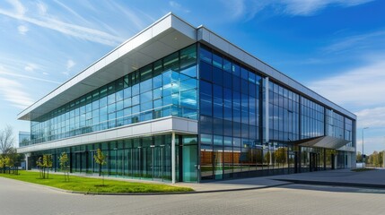 Obraz premium Modern business office building with wide glass curtain wall