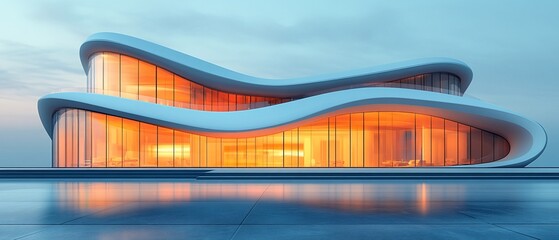 A modern architectural design featuring fluid lines and large glass panels.