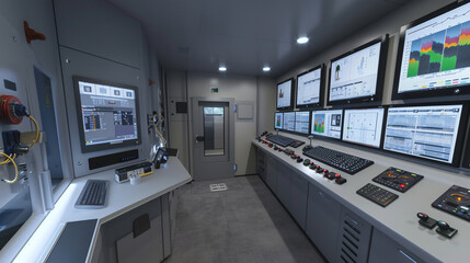 Modern industrial control room featuring multiple monitoring screens and control panels. Used for managing systems in energy, manufacturing, or processing facilities