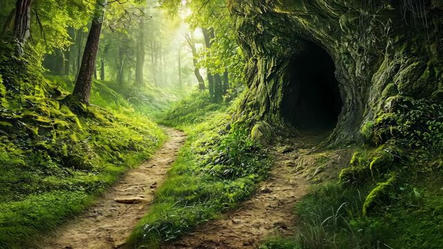 A winding path through a lush forest leads to a dark cave entrance