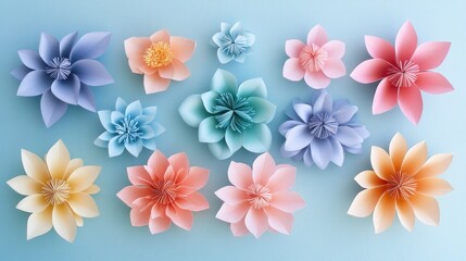Obraz premium Array of colorful paper flowers against a soft pastel blue background; perfect for art or decorative themes