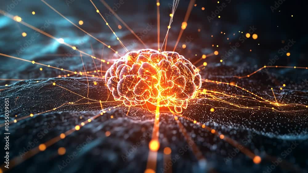 Aufkleber a glowing human brain is surrounded by lines of light, creating a striking digital image
