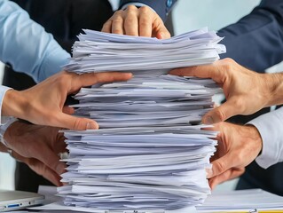 Collaborative work with hands sorting a large stack of paper documents in a modern office setting.