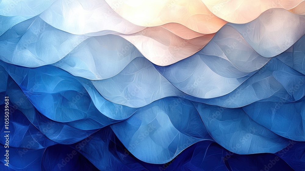 Poster abstract wavy patterns in shades of blue and beige create a calming visual effect reminiscent of ser