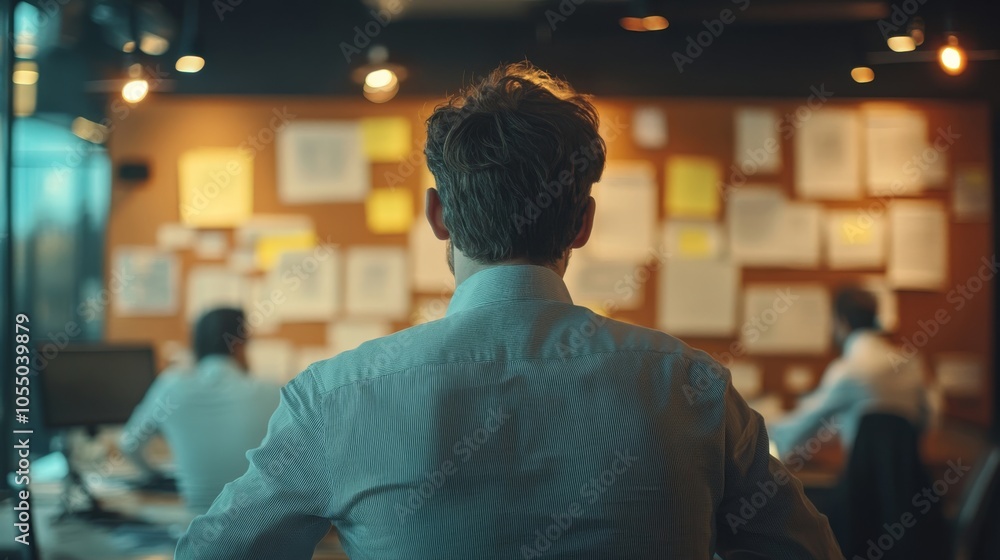 Poster a man sits with his back to the camera, facing a collaborative workspace filled with notes and docum