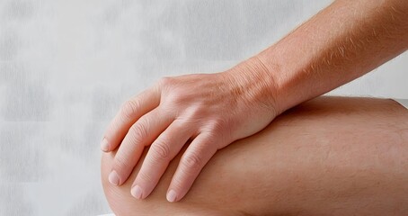 A close-up of a hand resting on a knee, showcasing skin texture against a textured background.