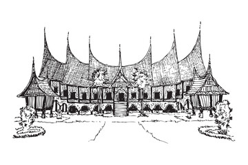 simple vector black outline hand draw sketch gadang mansion house