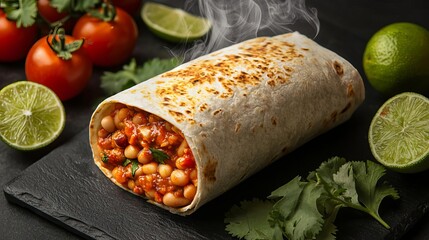 A steaming burrito with visible beans and spicy sauce, surrounded by fresh cilantro, tomatoes, and limes, Burrito  Beans  Spicy, fresh Mexican food concept