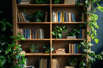 A Serene Home Library with Lush Greenery
