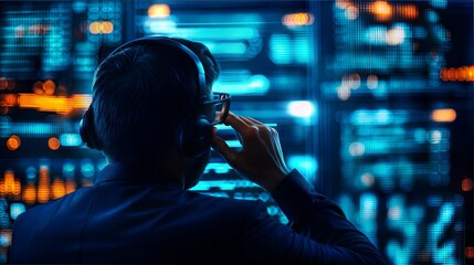 Man in headset analyzing data on digital screens in a dark environment.