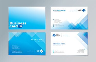 A set of business card templates with illustrations of randomly stacked transparent blue triangles on a blue and white background