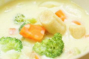 Delicious and warm cream stew prepared with lots of milk and vegetables as ingredients.