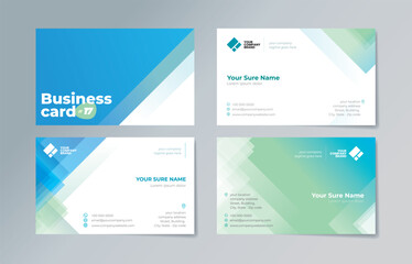 A set of business card templates with transparent blue-green triangle illustrations stacked randomly on a blue-green and white background