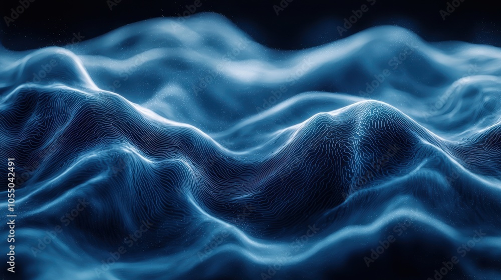 Poster abstract blue waves created by digital rendering showcasing intricate patterns and textures in a mes