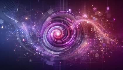 Obraz premium Dynamic spiral galaxy with vibrant pink and purple hues, filled with stars and digital shapes