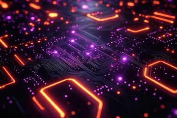 Abstract glowing circuit board with orange and purple lights.