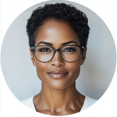 An eye-catching circular profile picture for social media featuring the face of a beautiful African American woman with short hair and glasses, wearing professional attire. The background should be wh