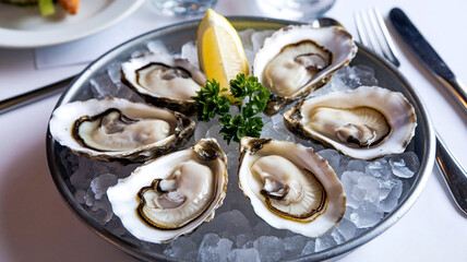 Plate of fresh oysters on ice garnished with lemon wedges, presented in a restaurant setting, perfect for seafood-themed culinary and dining imagery. 