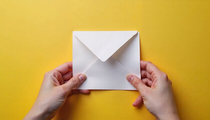 A child holding a crisp white envelope against a vibrant yellow background, ready for sending heartfelt messages