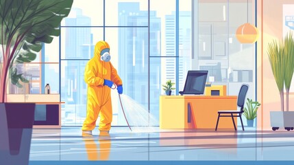 Office cleaning and disinfection to avoid COVID-19 In a city under quarantine, a man wearing a protective hazmat suit cleans office furniture to stop the coronavirus and pandemic from spreading.