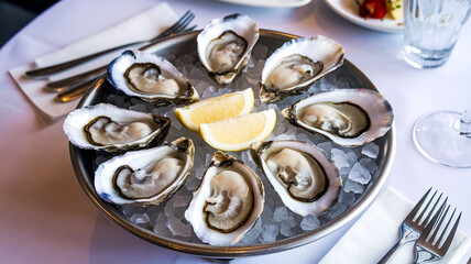 Plate of fresh oysters on ice garnished with lemon wedges, presented in a restaurant setting, perfect for seafood-themed culinary and dining imagery. 