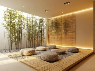 Balcony with soft lighting, bamboo decor, and natural stones to create a tranquil space for meditation