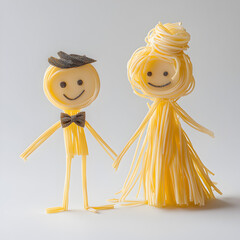 Creative Pasta Figures: Bride and Groom Characters Made from Spaghetti and Other Pasta Shapes
