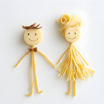 Pasta Art Characters - Wedding-Themed Spaghetti Figures with Smiling Faces