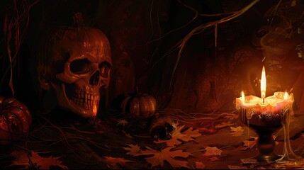 Halloween Decor Elements - a spooky and atmospheric arrangement. This scene combines a pumpkin, candle, and skull to create a haunting Halloween vibe.