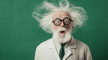 eccentric mad scientist set against a solid green felt background, showcasing their quirky personality and wild inventions. Ideal for promoting creativity, science events, or educational materials.
