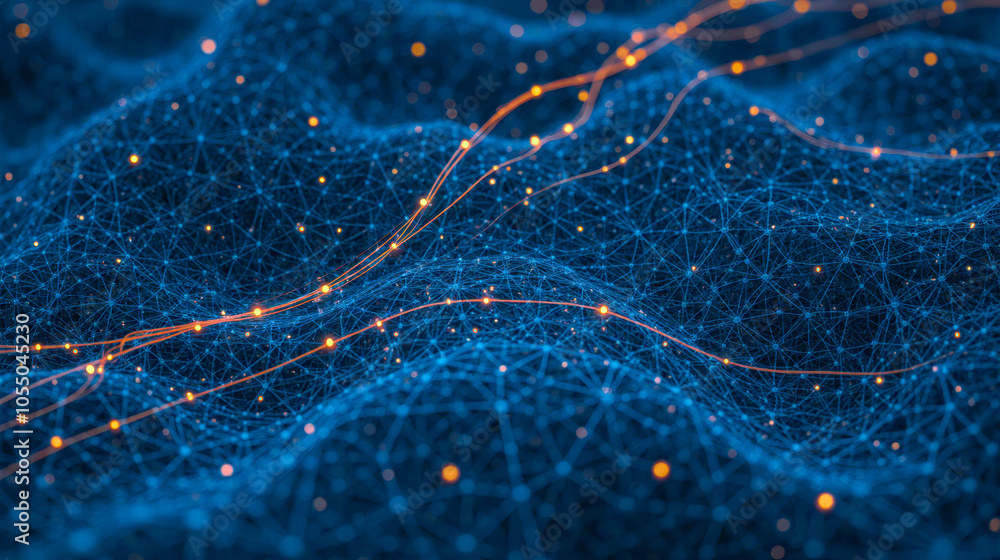 Poster abstract digital network background with glowing nodes and lines, representing data flow, connectivi