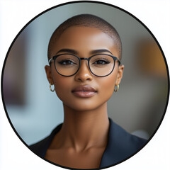 An eye-catching circular profile picture for social media featuring the face of a beautiful African American woman with short hair and glasses, wearing professional attire. The background should be wh
