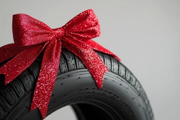 a black isolation rubber tire, on the grey backgrounds in a red bow for christmas on white