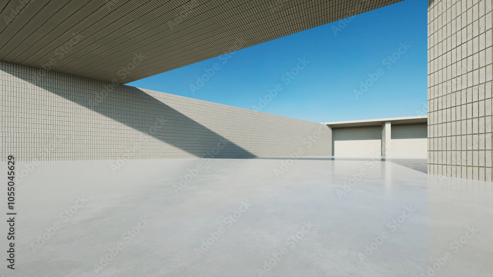 Aufkleber 3d render of abstract modern concrete white architecture with empty cement floor, minimal exterior, 