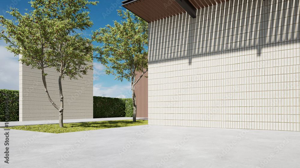 Poster modern building exterior, architecture with large brick wall. concrete floor, 3d rendering