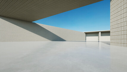 3d render of abstract modern concrete white architecture with empty cement floor, minimal exterior, car presentation background