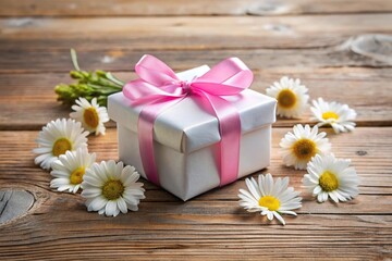 Fototapeta premium White gift box with pink ribbon and daisies on wooden table panoramic