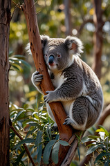 Obraz premium Scene of a group of koalas sitting together in eucalyptus trees, all looking forward with relaxed expressions, set against a sunny Australian landscape.