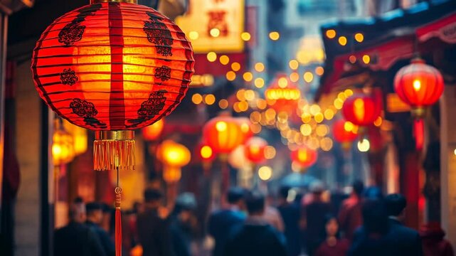 A red paper lantern hangs in the evening light of a busy street market