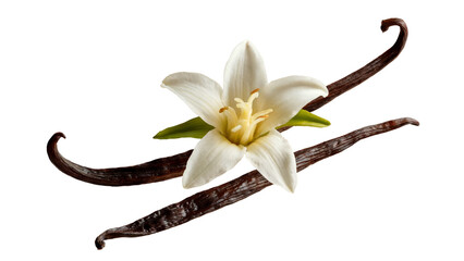 Fragrant vanilla pods and delicate blossom isolated on a transparent background. Food photography concept