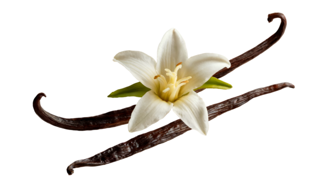 Fragrant vanilla pods and delicate blossom isolated on a transparent background. Food photography concept