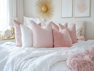 White bed with pink pillows, surrounded by gold accessories