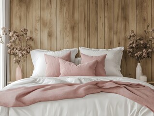 White bed with pink pillows, surrounded by light-colored wooden accents