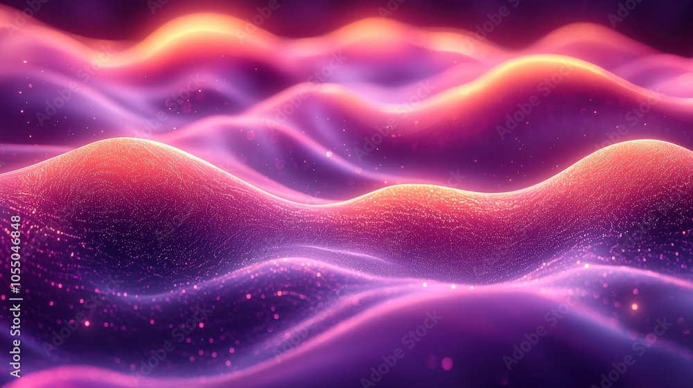 Poster abstract representation of colorful waves in a gradient of purple and orange hues creating a dynamic