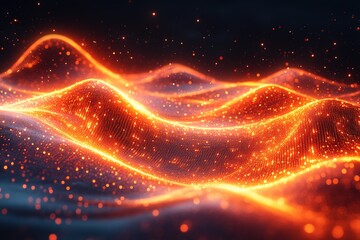 Abstract glowing orange wave pattern with particles on a black background.