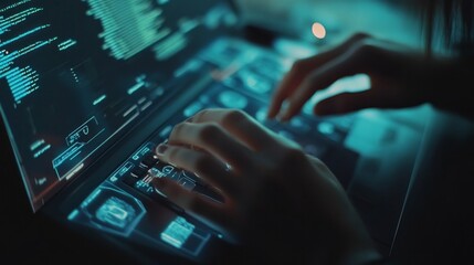 hands, people, and keyboard typing for data, information, and study using system technology. A woman, a screen, and an overlay with cybersecurity programming, code, or software updates
