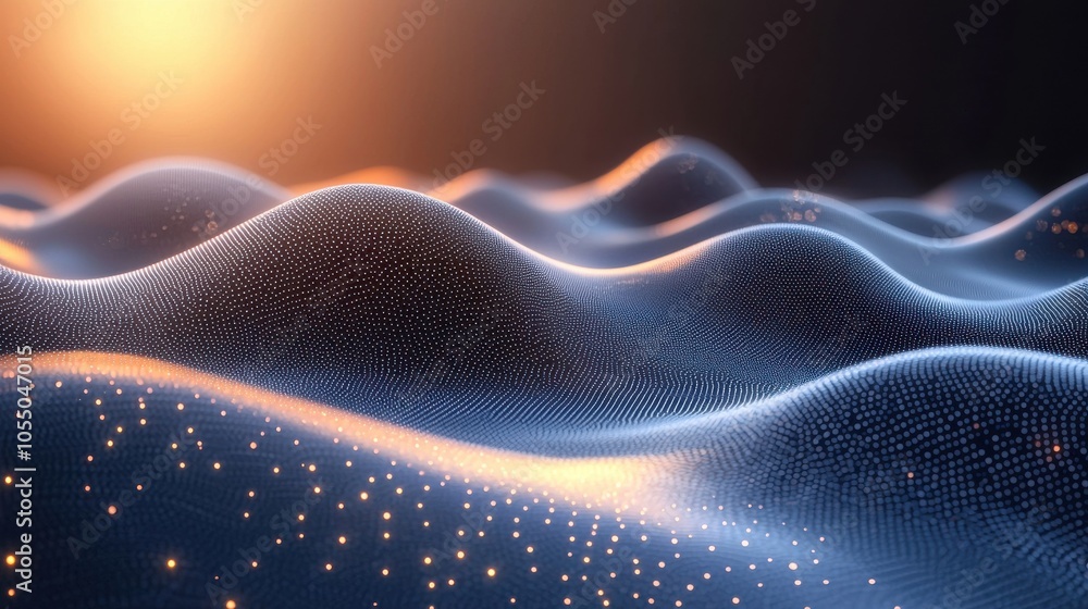 Poster abstract representation of digital waves illuminated by warm light during twilight in a surreal land