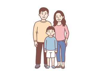 Family, father, mother, child, standing for a family photo. Hand drawn style vector design illustrations.